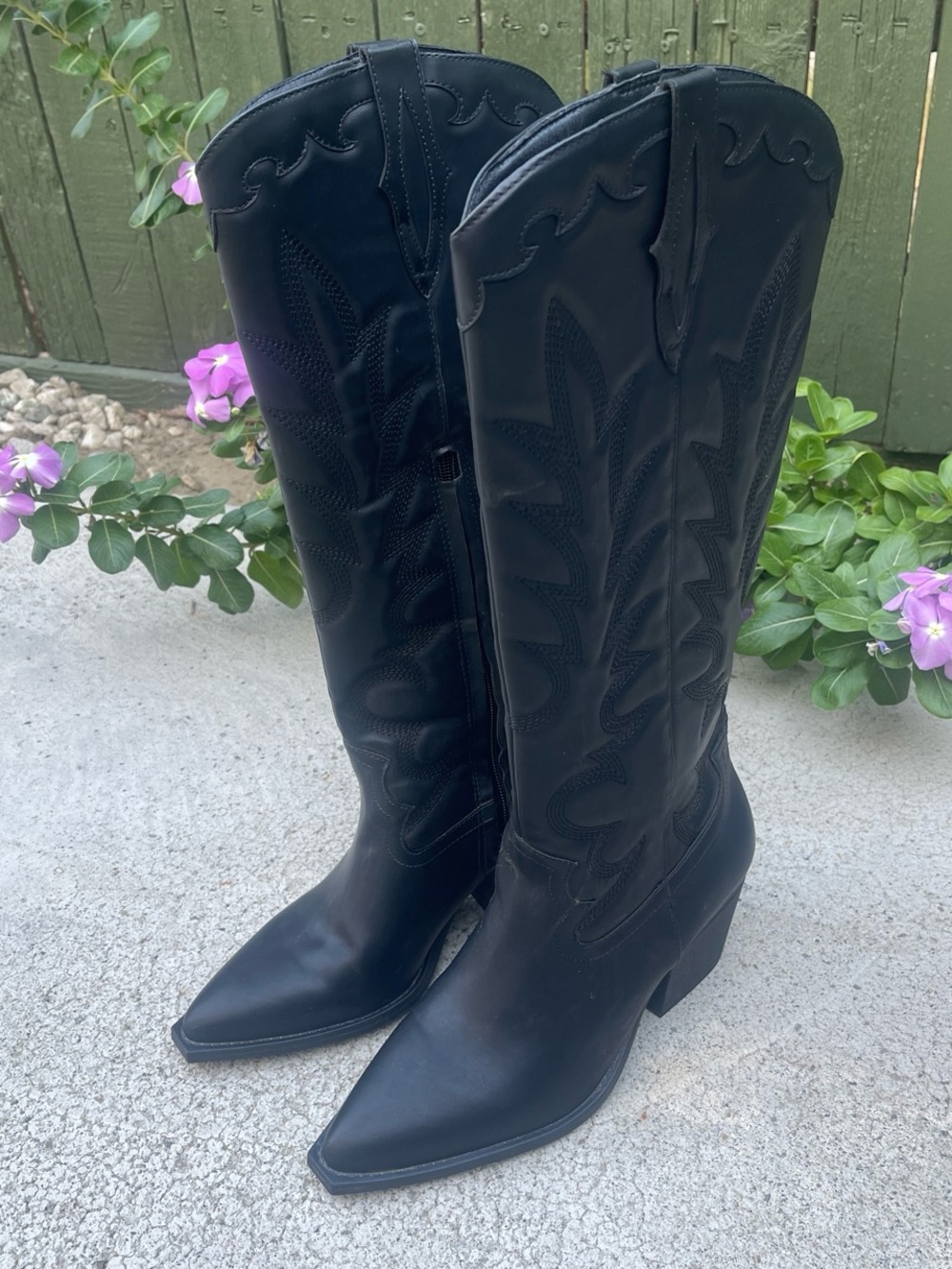 Crown Vintage Black Pointed-Toe Western Knee-High Boots